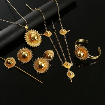 Nové 6pcs/Veľa Afrických Etiópskej Etnických Habesha Afrike Zlatá Farba Svadobné Šperky, Náhrdelníky Prsteň Náramok Ženy Šperky Sady