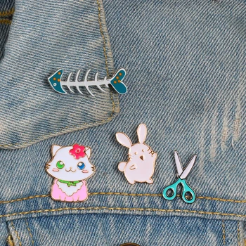 Karikatúra roztomilý tlačidlo mačka, králik brošňa rybie kosti nožnice smalt pin pracky dámy kabát klope zvierat odznak deti šperky darček