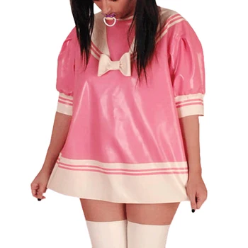 Ružový A Biely Sexy Voľné Latexové Šaty S Pol Rukávy Vytiahnuť Na Gumy Jednotné Playsuit Bodycon LYQ-0319