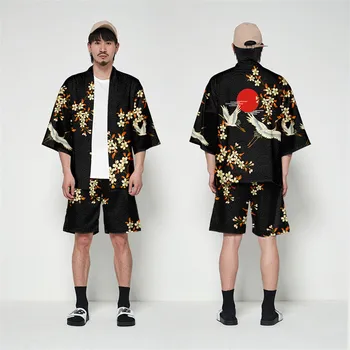 Žeriav 3D Tlač Dve Kus Vyhovovali Voľné Japonský Cardigan Ženy Muži Cosplay Yukata Oblečenie Harajuku Samuraj Kimono + Šortky Sady