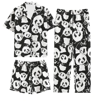 Jar Leto dámske Bavlnené Pyžamo 3 Ks sa Nastaví V-neck Fashion Priedušná Cool Panda Tlač oblečenie pre voľný čas Jeseň Jednoduché Plavky