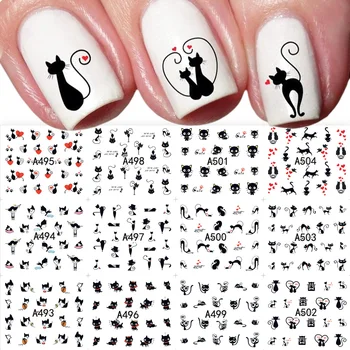 12pcs Čierna Mačka, Nálepky na Nechty, Nálepky Láska Srdce Cartoon Nail Art Vody Jazdcov Tetovanie Dekorácie Valentine Manikúra TRA493-504
