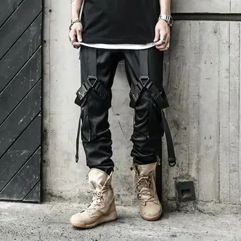 Streetwear Skladaný Tepláky Mužov Hip Hop, Punk Cargo Nohavice pre Mužov Čierne Stuhy Hárem Harajuku Japonský Módne Nohavice