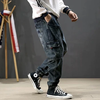 Street Fashion Mužov Džínsy Retro Modrá Vytlačené Dizajnér Veľké Vrecko Bežné Cargo Nohavice Hombre Hip Hop Joggers Mužov Voľné Roztrhané Džínsy