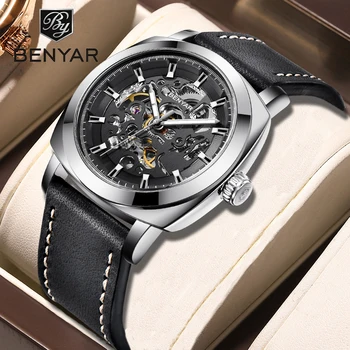 BENYAR Automatické pánske Hodinky Top Značky 45 MM Nerezové Oceľové Duté Dial Luxusné Mechanické náramkové hodinky Svetelný Nepremokavé Hodiny