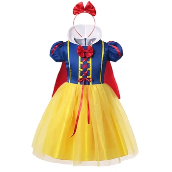 VOGUEON Dievčatá Snow White Fancy Dress Up Deti Turtleneck Krátky Rukáv Bowknot Strany Kostým Princezná pre Deti Halloween Oblečenie