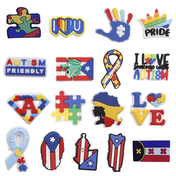 1-17PCS Obuvi, kľúčové tlačidlá Puerto Rico Love Strane Pride Autizmus Priateľské Puzzle Národnej Vlajky Star Žaba Silikónové Croc Papuče Príslušenstvo