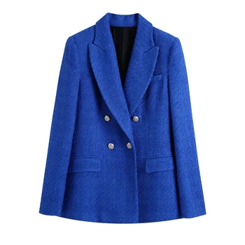SLMD Vintage Elegantné Modré Dvojité Breasted Tweed Bunda Ženy 2021 Módne Vrecká Zase dole Golier Coats Dámske vrchné oblečenie