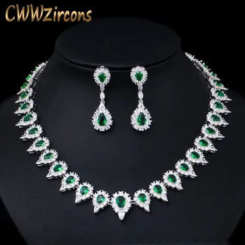 CWWZircons Lesklé Zelené Crystal Cubic Zirconia Ženy, Svadobné Hostiny, Šperky Sady Kolo Choker Strany Náhrdelník a Náušnice T435