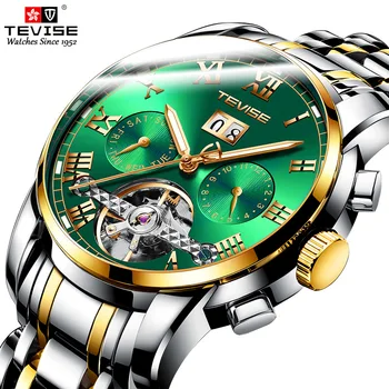 Zelená Automatické Hodinky Mužov TEVISE 9005 Tourbillon Svetelný Mechanické Hodinky z Nerezovej ocele, Vodotesné Business náramkové hodinky