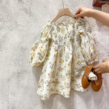 Baby Dievčatá Kvetinové Šaty s Dlhým Rukávom kórejský Štýl Jarné Oblečenie 1-8Y