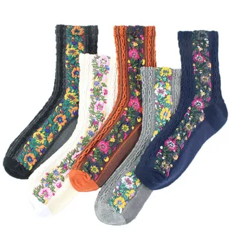 Vintage Vyšívaný Kvetinový Ponožky Klasické dámske Bavlnené Ponožky Jar, Jeseň, Zima Zábavné Kvet Ponožky Retro College Ponožka Štýl
