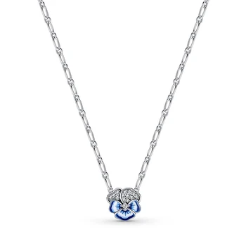 Autentické 925 Sterling Silver Blue Pansy Kvetina Náhrdelník Prívesok Pre Ženy Perličiek Kúzlo Diy Módne Šperky