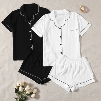 2022 Bavlna Dámske Čierne a Biele Pohodlné Pyžamo Krátky Rukáv Šortky Dámske Jednoduché oblečenie pre voľný čas Pyžamá