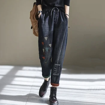 Vintage Výšivky Vysoký Pás Džínsy Ženy kórejský Štýl Vysoký Pás Veľká Veľkosť Jeans Denim Hárem nohavice Bežné Čierne nohavice