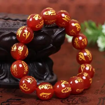 Prírodné Červené Jade Šesť znakov Mantra Náramok Muži Ženy Jemné Šperky Black Jades Budhizmus Písme Ruženec, Náramky, Prívesky