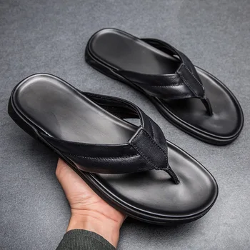Trend Mužov Flip-flops Kožené Papuče Bežné Pláži Letné Topánky Muž Ploché Non-Slip Pohodlné Klasické Čierne Sklíčka Plus Veľkosť
