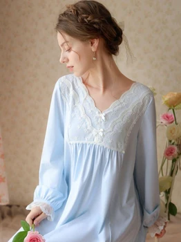 Jar, Jeseň Ženy Viktoriánskej Pyžamo Noc Šaty Čipky Dlho Sleepwear Bavlna Oka tvaru Bielizeň Vintage Princezná Nightgowns