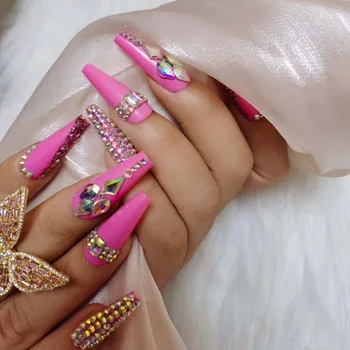 24pcs Nový dizajn luxusné šperky dlho balet rakva falošné nechty kryštál diamantu High-end rose