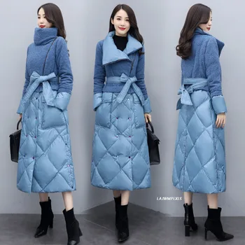 Ovčej vlny patchwork Zimná bunda ženy nového roku 2022 veľké veľkosti polovice dĺžky dole vatovaný kabát s pásom pre ženy oblečenie