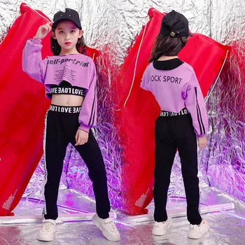 Detské Športové Odevy Bavlnené Oblečenie kórejský Módne Hip Hop Streetwear Dospievajúcich Dievčat, Fialová Hoodies Mikina + čierne Nohavice