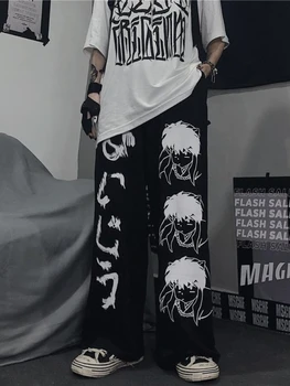 HOUZHOU Japonský Harajuku Anime Tlač Širokú Nohu, Nohavice Ženy Hippie Streetwear Čierne Tepláky kórejský Štýl Nadrozmerné Nohavice