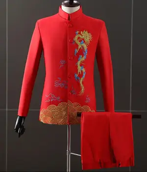 Tradičná Čínska Mužov, Svadobné Oblečenie Červená Zhongshan Vyhovovali Výšivky Dragon Fáze