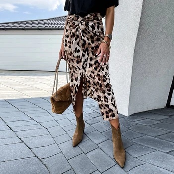 Leopard Tlač Ženy Predné Uzol Sukne S Vysokým Pásom Split Slim Office Sukne Jeseň Dámy Midi Dlhé Sukne Faldas