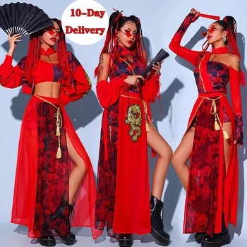 Čínsky Štýl Žien Jazz Výkon Oblečenie Červená Festivalu Hip Hop Oblečenie Oblečenie Pre Dospelých Gogo Dance Stage Kostýmy DQS6259