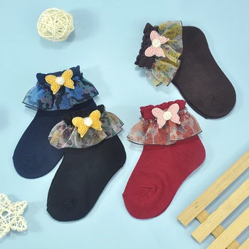 Motýľ dekorácie deti baby skladaný ponožky deti, dievčatá, baby, čipky ponožky princezná bavlna