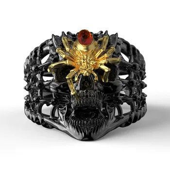 Retro pánske Black & Gold Color Dva-tón Spider Lebky Prsteň s Červeným Zirkón Gotický Punk Krúžok Pre Mužov Motocykel Biker Šperky