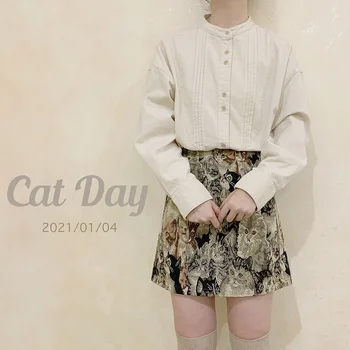 Retro Japonský roztomilý vintage pocit, žakárové olejomaľba mačiatko vysoký pás všetky zápasom na zips krátke sukne
