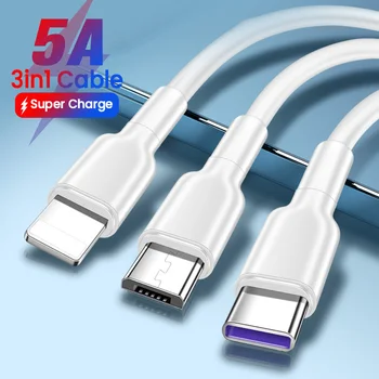 3in1 USB Typu C Kábel pre iPhone 14 13 12 11 Pro Max XS 5A Rýchle Nabíjanie Kábel Micro USB, Typ C Kábel pre Samsung Huawei Xiao