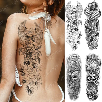Veľké Arm Tattoo Rukáv Veľké Krídlo Zbraň Rose Nepremokavé Dočasné Tatto Nálepky Hodiny Kvety Body Art Full Falošné Tetovanie Ženy Muži