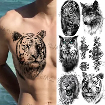 Black Tiger Kráľ Tvorivé Dočasné Tetovanie Pre Mužov Dospelých Vlk Bowknot Sova Lev Lesa Falošné Tetovanie Nálepky Hrudníka a Ramena Tatoos urob si sám