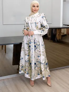 Tričko Dlhé Šaty Vytlačené Abaya Ženy Elegantný Stojan Golier Buttoned Putá Moslimských Skromné Abaya Hidžáb Šaty Malajzia Oblečenie Biela