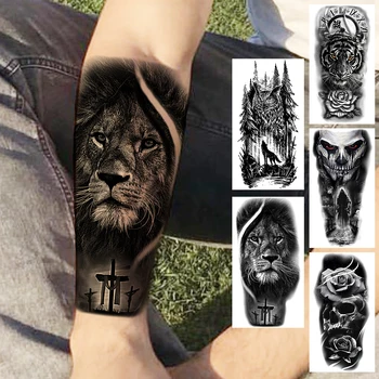Black Lion Dočasné Tetovanie Pre Mužov Dospelých Realistické Tiger Lesa Klaun Lebky Kompas Falošné Tetovanie Nálepky Predlaktie Tatoos urob si sám