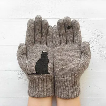 V Zime Teplé, Studené Cashmere Rukavice Hrubé Kreslených Mačka Tlače Vlna Pletené Plný Prst Rukavice Muži Ženy Mäkkého Úpletu Palčiaky Móda