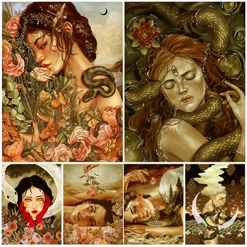 Krásne Čarodejnice A Rose Neskutočný Wall Art Plátno Na Maľovanie Tri Eyed Čarodejnice Zapletený S Vodou Had Plagát, Tlač Dekorácie