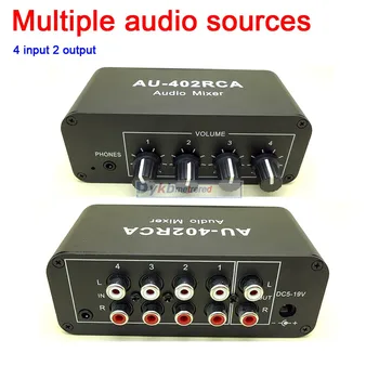 Multi-Source RCA Mixér Stereo zvuk Audio Prepínač Prepínač 4) vstup 2 výstupné rozhranie pre slúchadlá, ovládanie hlasitosti PRE zosilňovač