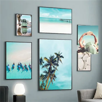Nordic Tropické Krajiny Plagát Modré more a Oblohu Obrázok na Stenu Umelecké Plátno Palm Maľovanie obrazov na Stenu pre Obývacia Izba Dekor